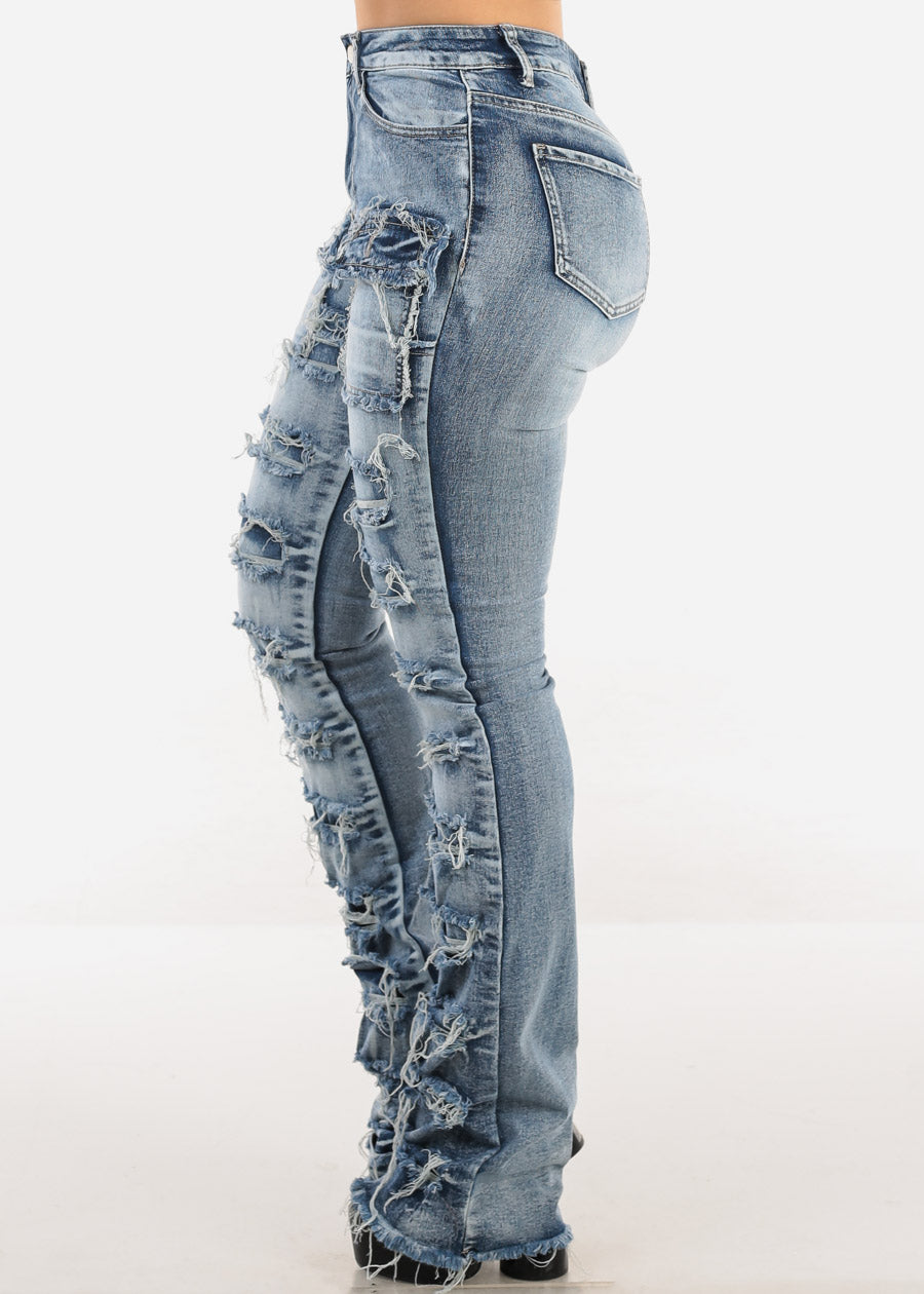 Stretchy High Waist Ripped Cargo Stracked Leg Jeans Blue Wash