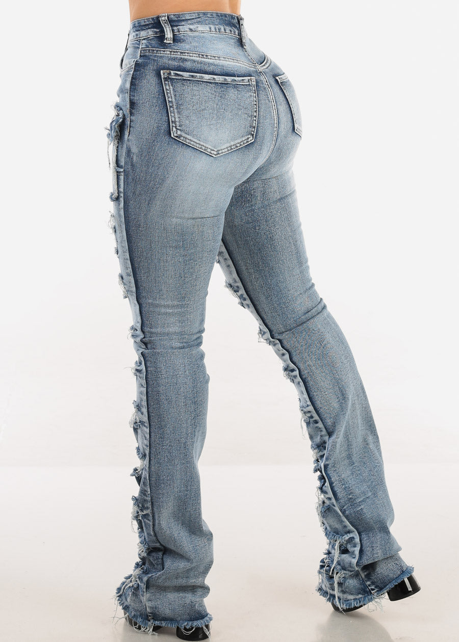 Stretchy High Waist Ripped Cargo Stracked Leg Jeans Blue Wash