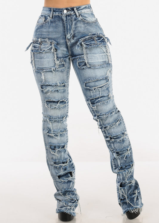 Stretchy High Waist Ripped Cargo Stracked Leg Jeans Blue Wash