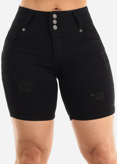 Black Distressed Butt Lift Mid Thigh Denim Shorts