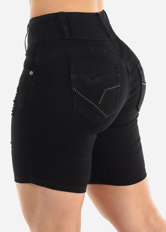Black Distressed Butt Lift Mid Thigh Denim Shorts