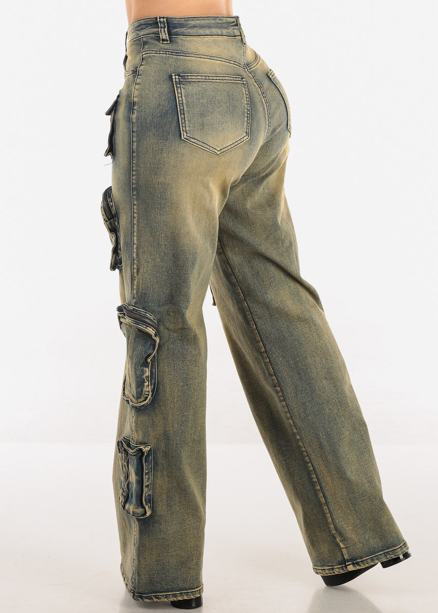 Super High Waist Straight Wide Leg Stretch Cargo Jeans Yellow