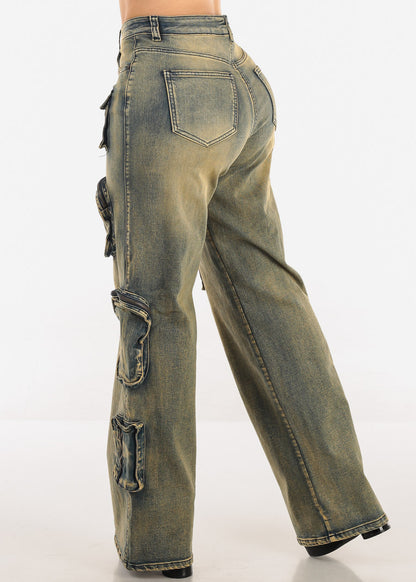 Super High Waist Straight Wide Leg Stretch Cargo Jeans Yellow