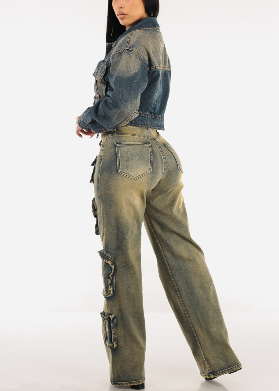 Super High Waist Straight Wide Leg Stretch Cargo Jeans Yellow