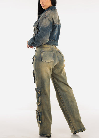 Super High Waist Straight Wide Leg Stretch Cargo Jeans Yellow