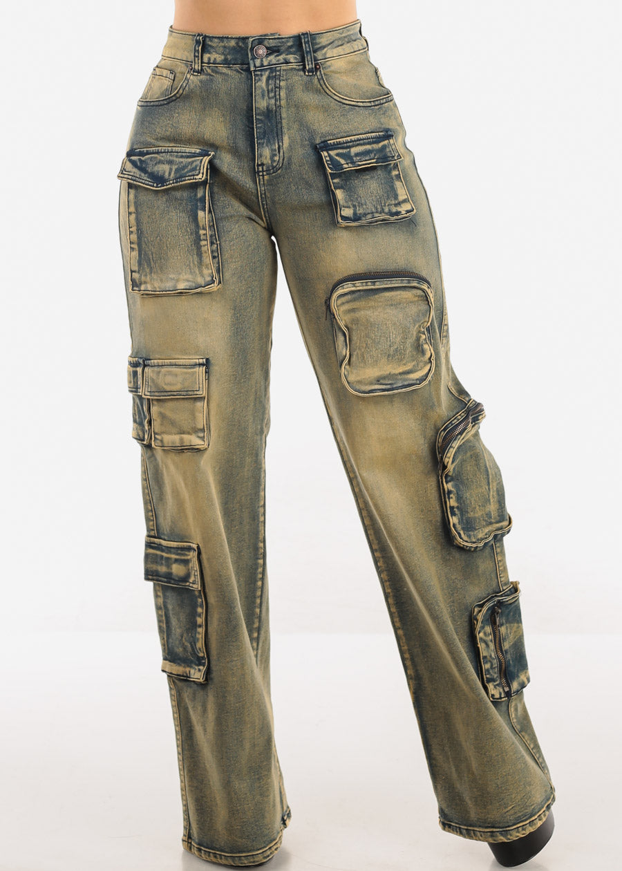 Super High Waist Straight Wide Leg Stretch Cargo Jeans Yellow