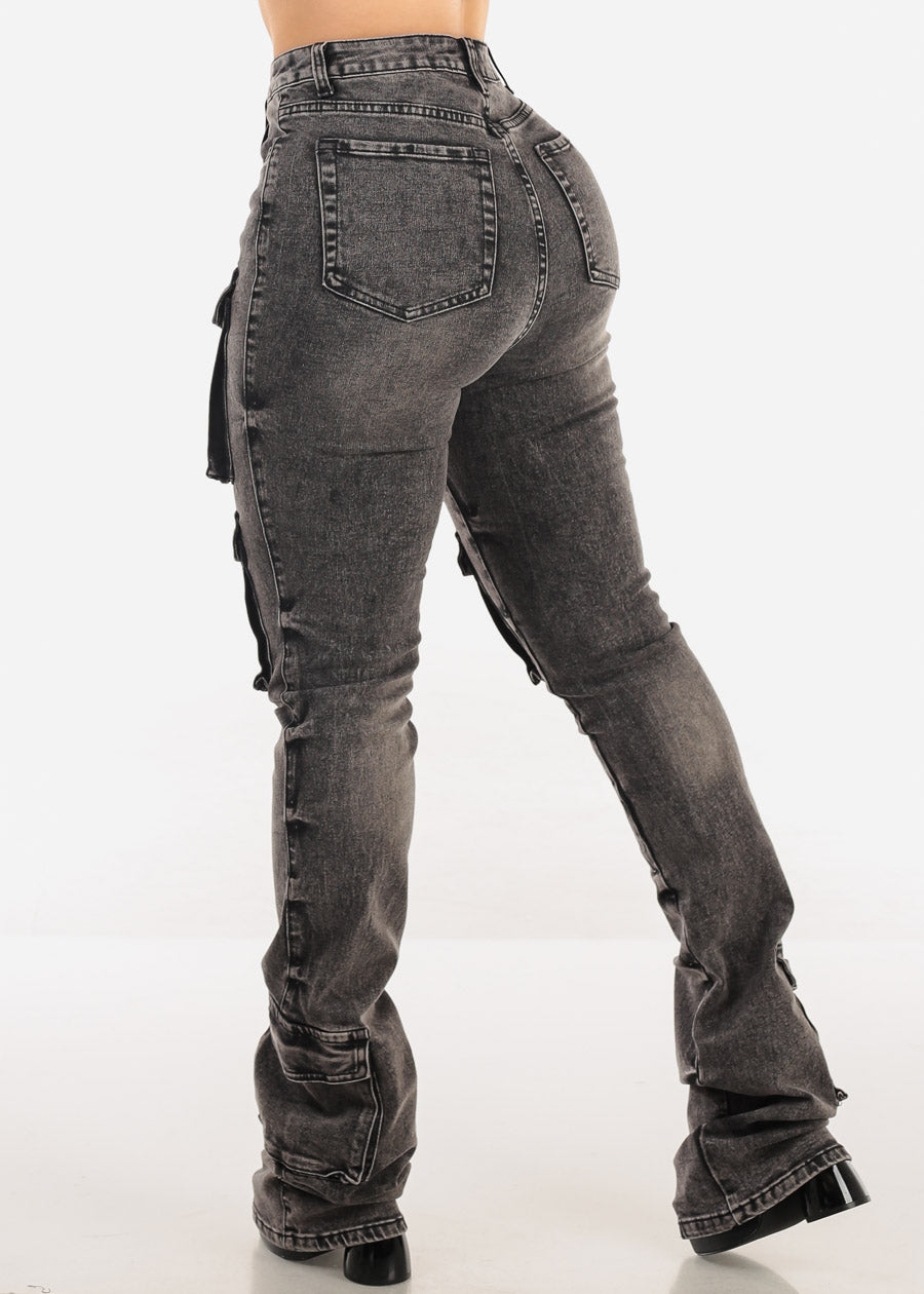 High Rise Acid Wash Stretch Cargo Stacked Leg Jeans Black