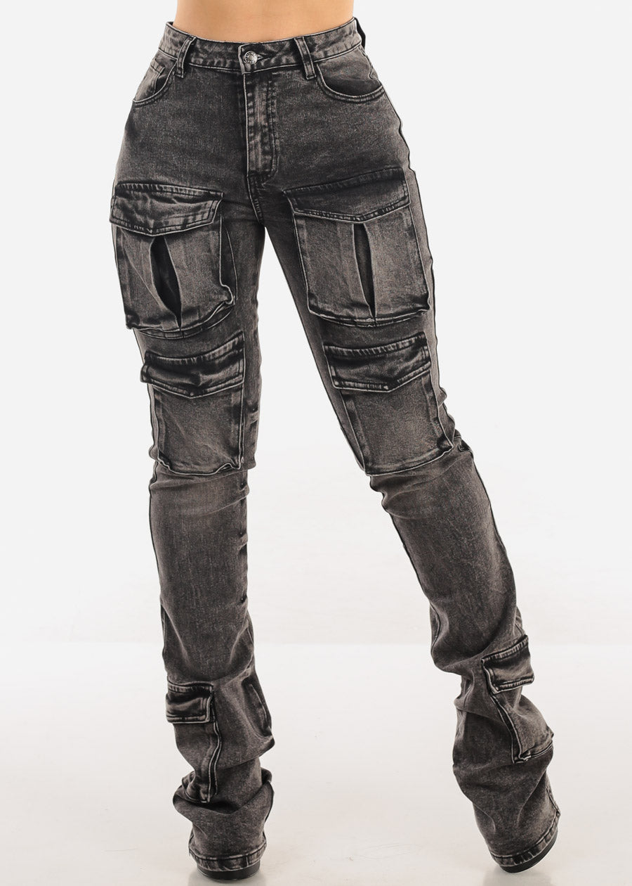 High Rise Acid Wash Stretch Cargo Stacked Leg Jeans Black