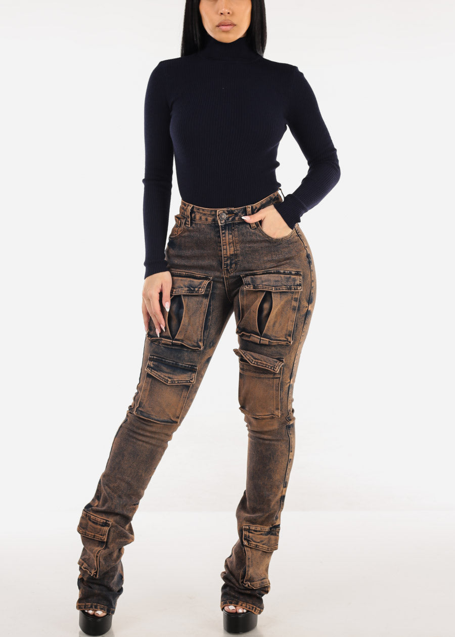 High Rise Acid Wash Stretch Cargo Stacked Leg Jeans Cooper