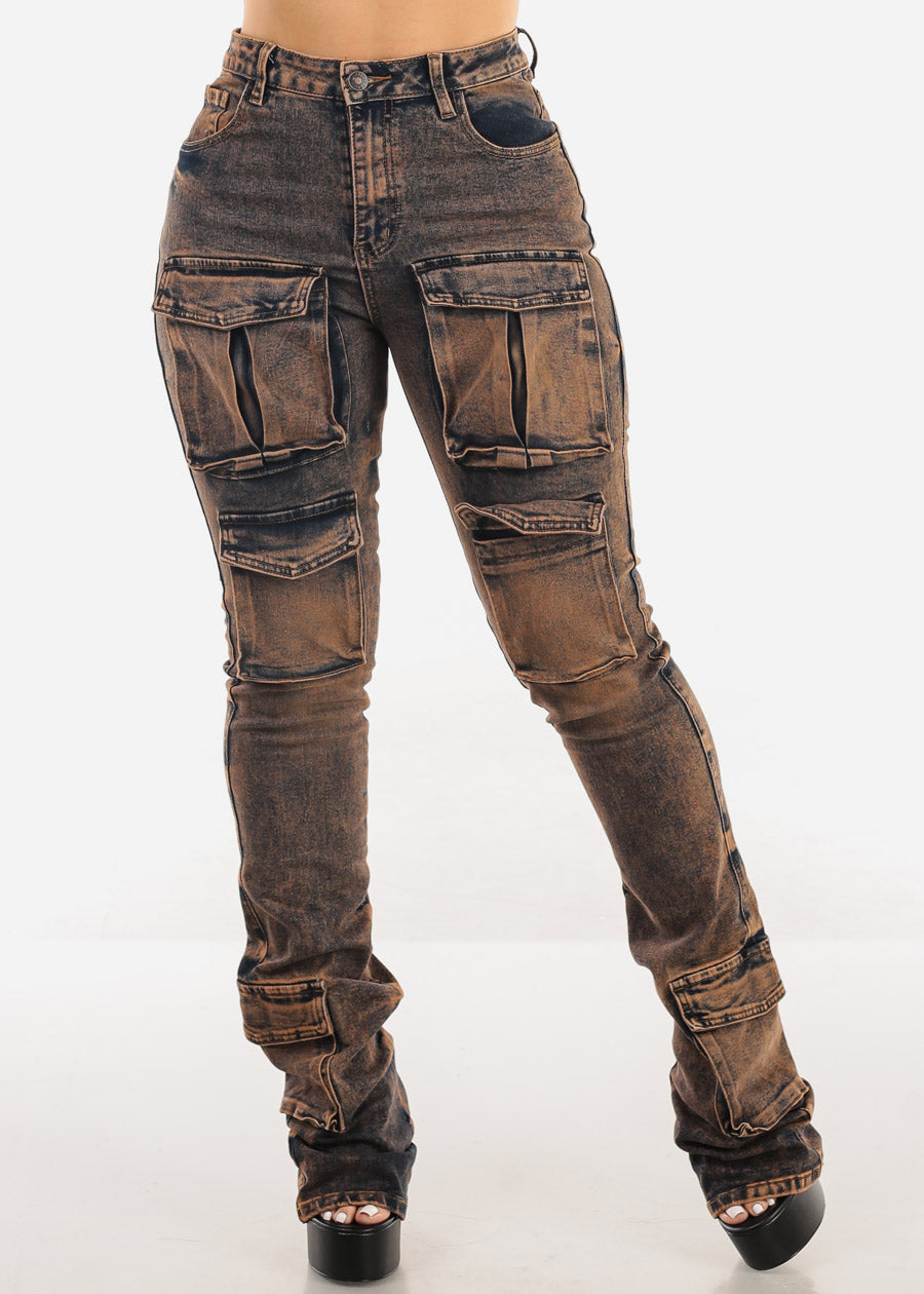 High Rise Acid Wash Stretch Cargo Stacked Leg Jeans Cooper