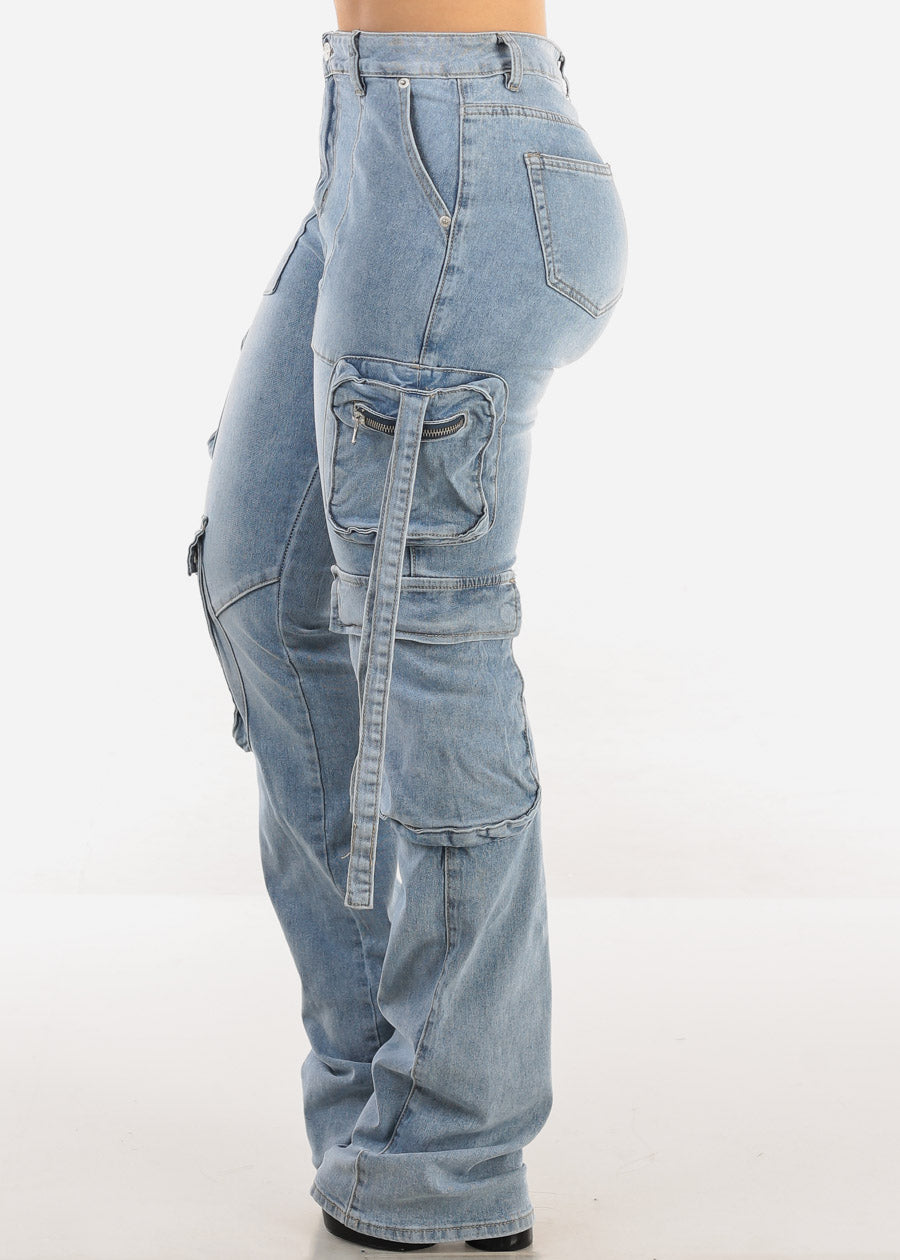 Super High Waist Stacked Leg Stretch Cargo Jeans Acid Wash