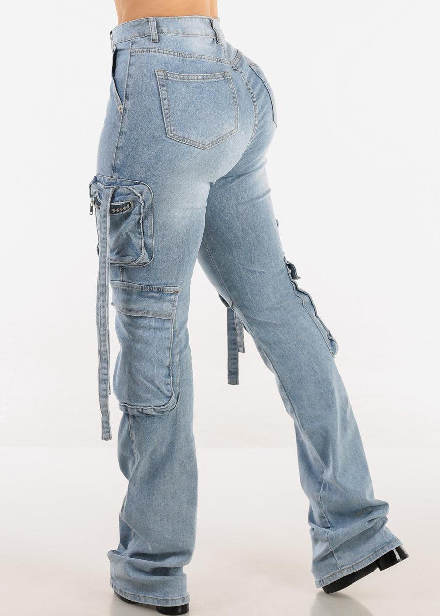 Super High Waist Stacked Leg Stretch Cargo Jeans Acid Wash