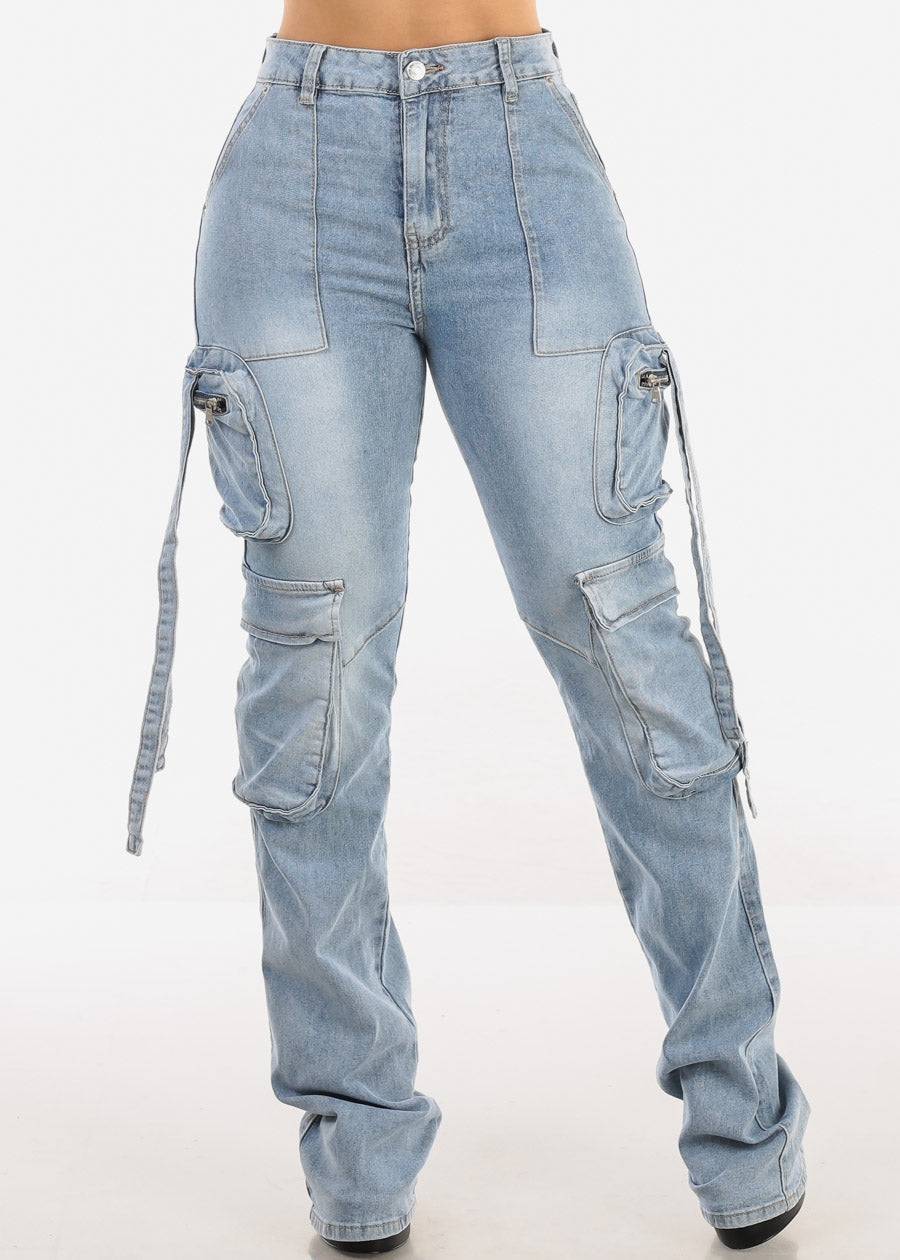 Super High Waist Stacked Leg Stretch Cargo Jeans Acid Wash