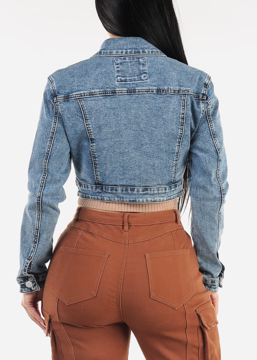 Blue Long Sleeve Button Up Crop Denim Jacket