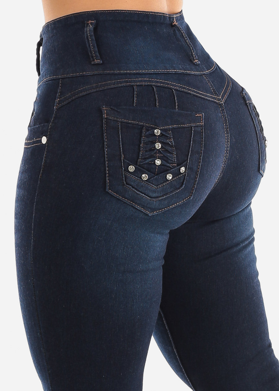 Dark Wash High Waist Butt Lifting Skinny Jeans w Pocket Design