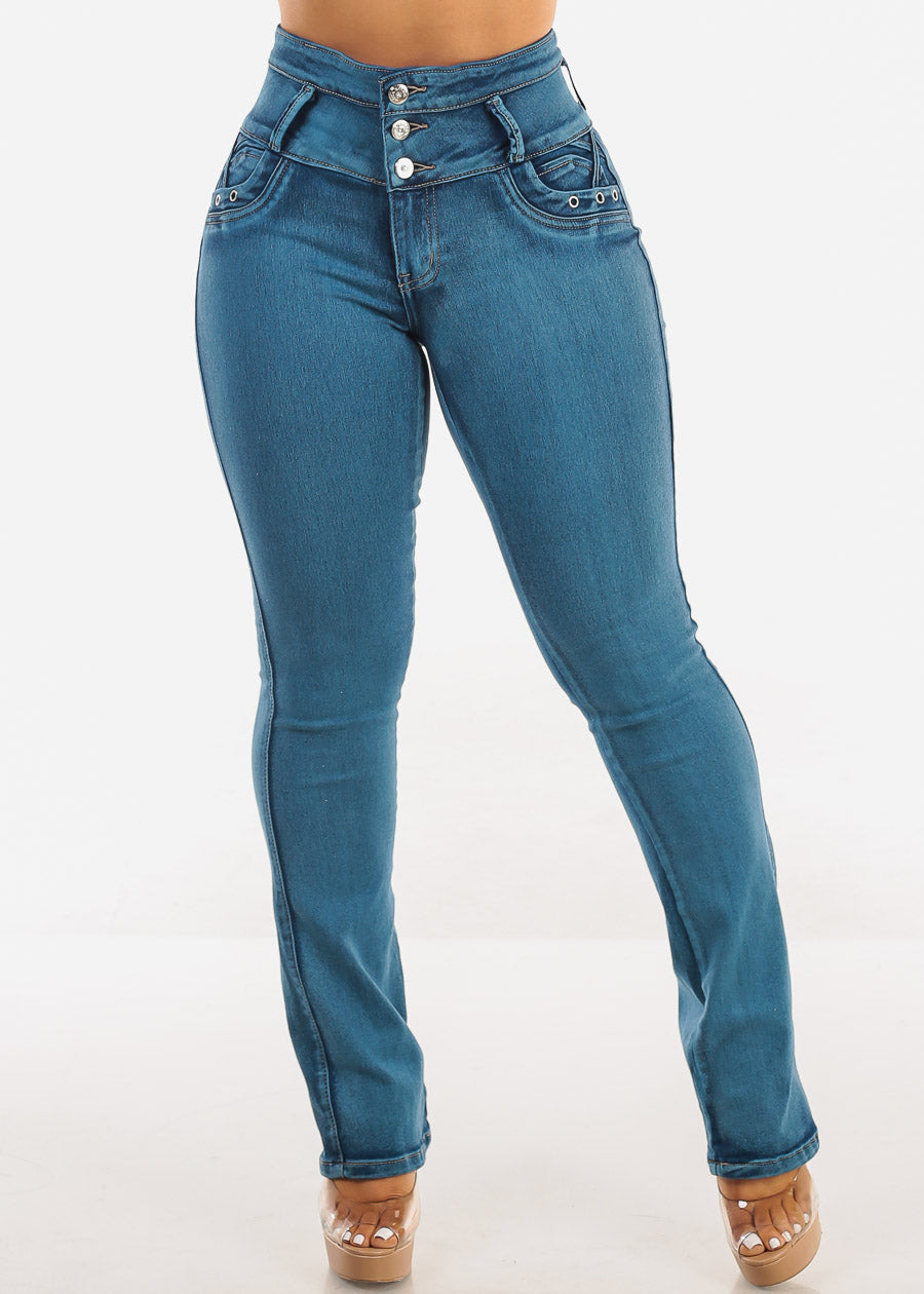 MX JEANS Butt Lift High Waist Bootcut Jeans Blue Acid Wash