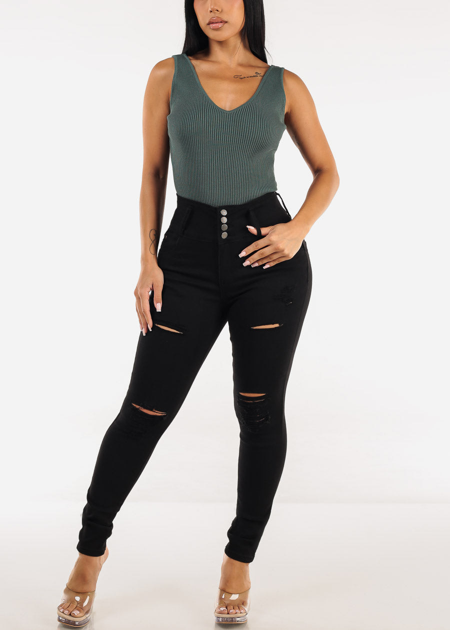 Ultra High Waisted Black Butt Lifting Ripped Skinny Jeans