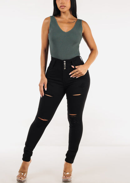 Ultra High Waisted Black Butt Lifting Ripped Skinny Jeans