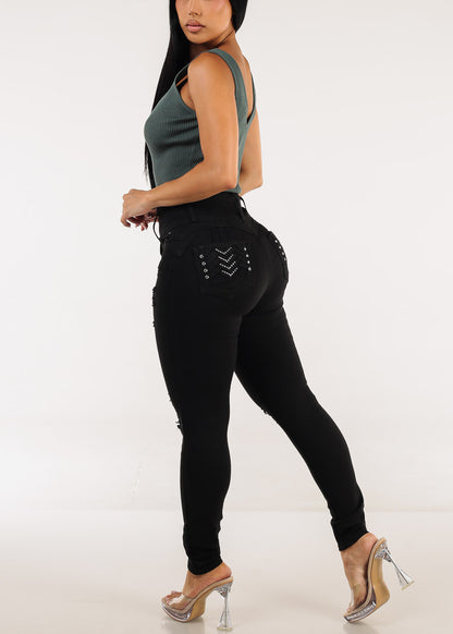 Ultra High Waisted Black Butt Lifting Ripped Skinny Jeans