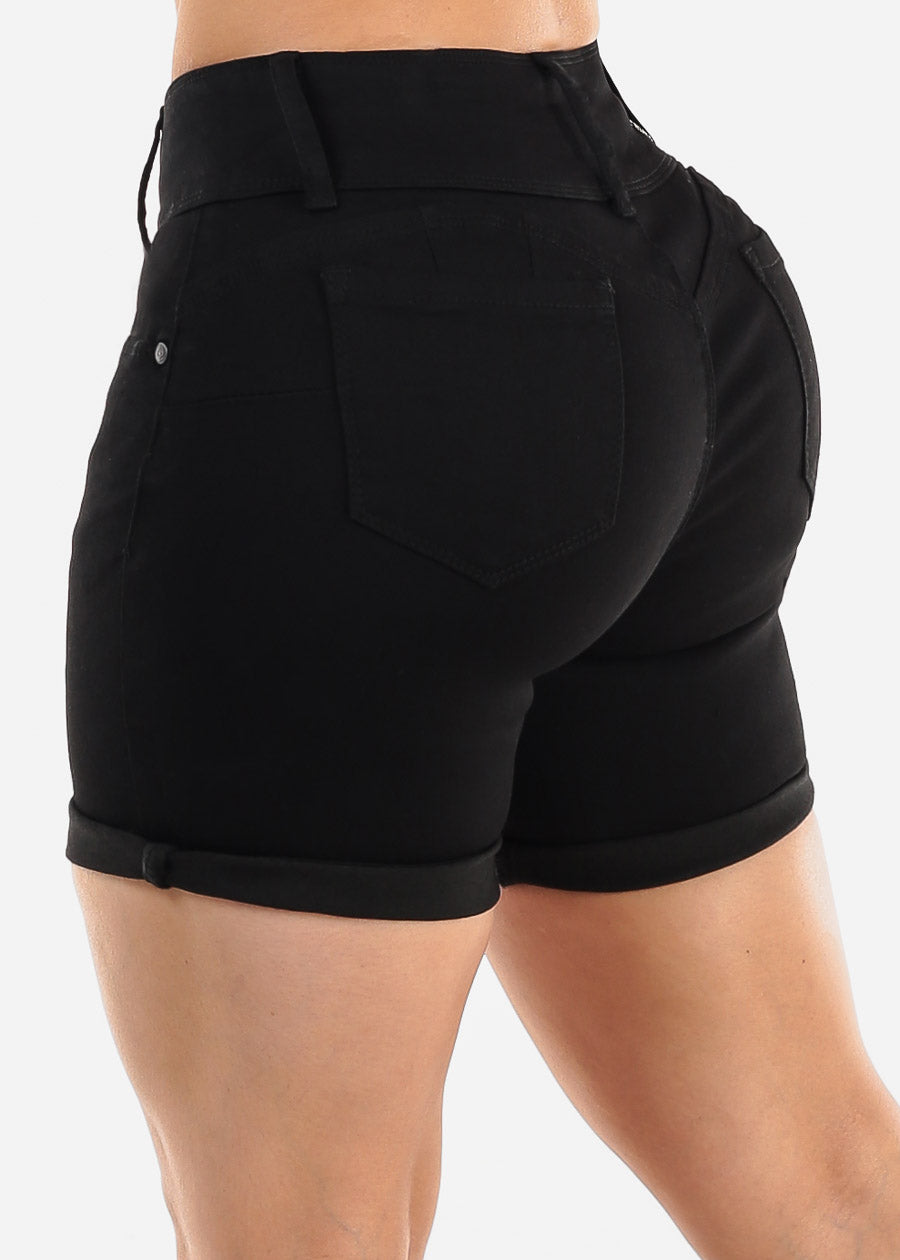 Black High Waist Butt Lift Mid Thigh Denim Shorts