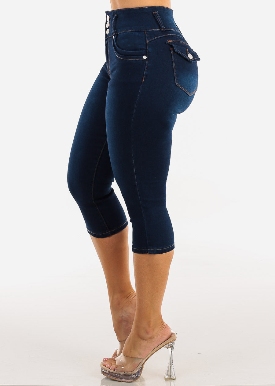 Butt Lift High Waisted Stretch Denim Capris Dark Blue