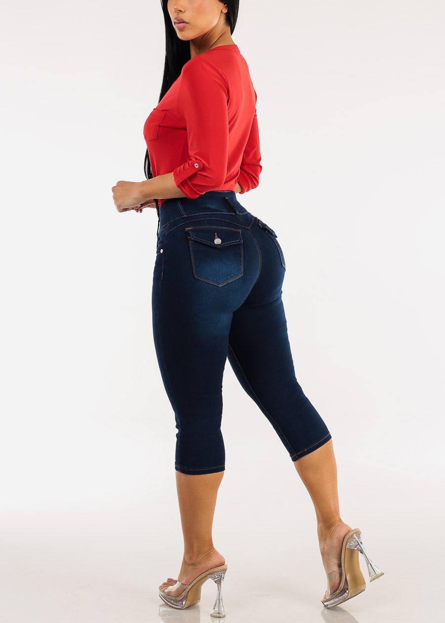 Butt Lift High Waisted Stretch Denim Capris Dark Blue