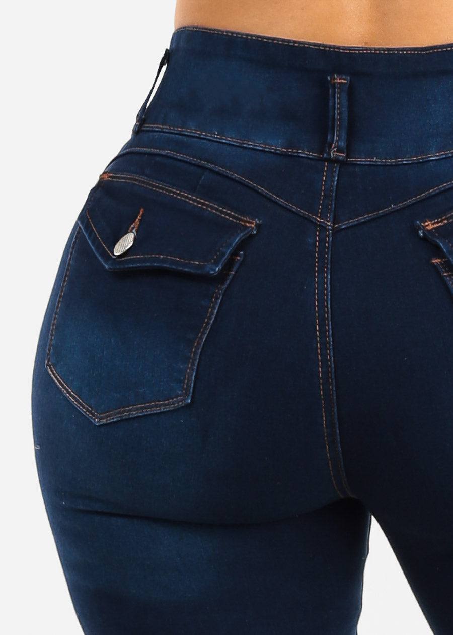 Butt Lift High Waisted Stretch Denim Capris Dark Blue
