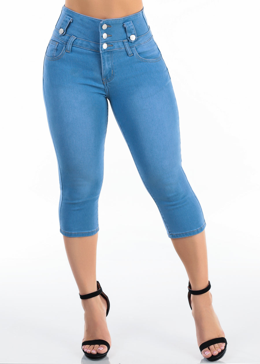 Butt Lift High Waisted Stretch Light Denim Capris