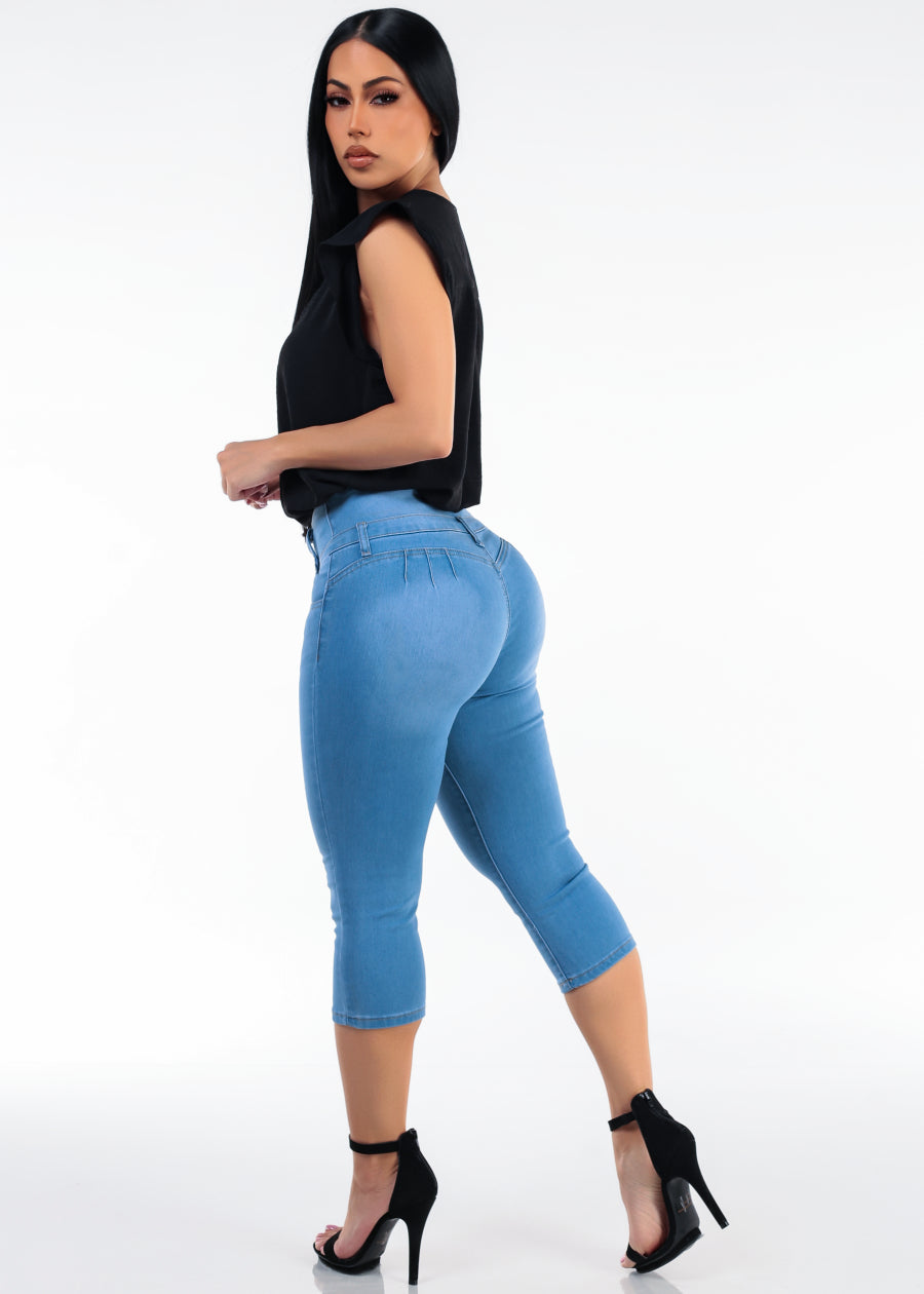 Butt Lift High Waisted Stretch Light Denim Capris