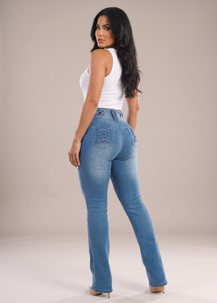 MX JEANS Butt Lift Light Bootcut Jeans w Lace Up Design