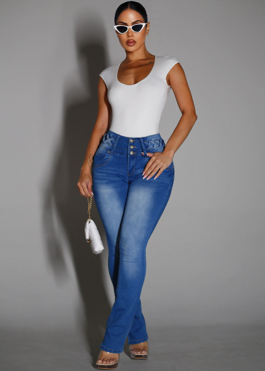 MX JEANS Butt Lift Light Bootcut Jeans w Lace Up Design