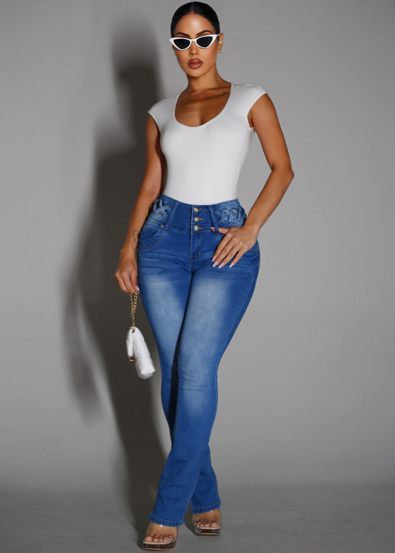 MX JEANS Butt Lift Light Bootcut Jeans w Lace Up Design
