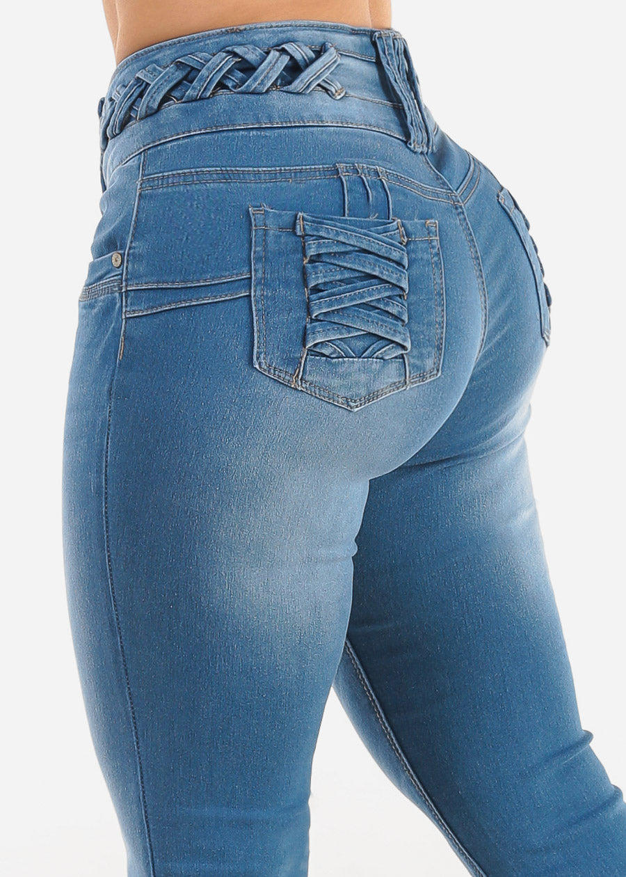 MX JEANS Butt Lift Light Bootcut Jeans w Lace Up Design