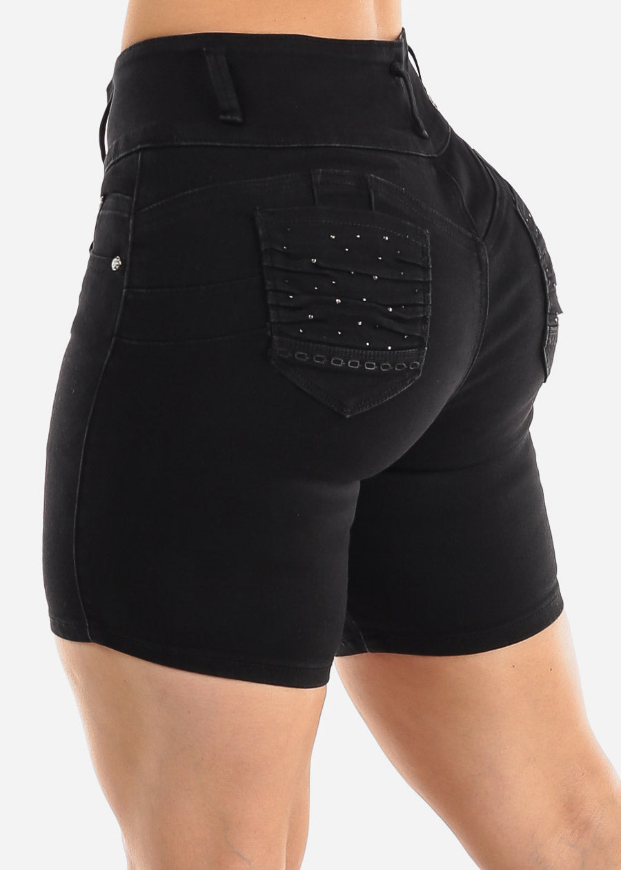 Butt Lifting Mid Rise Black Mid Thigh Denim Shorts
