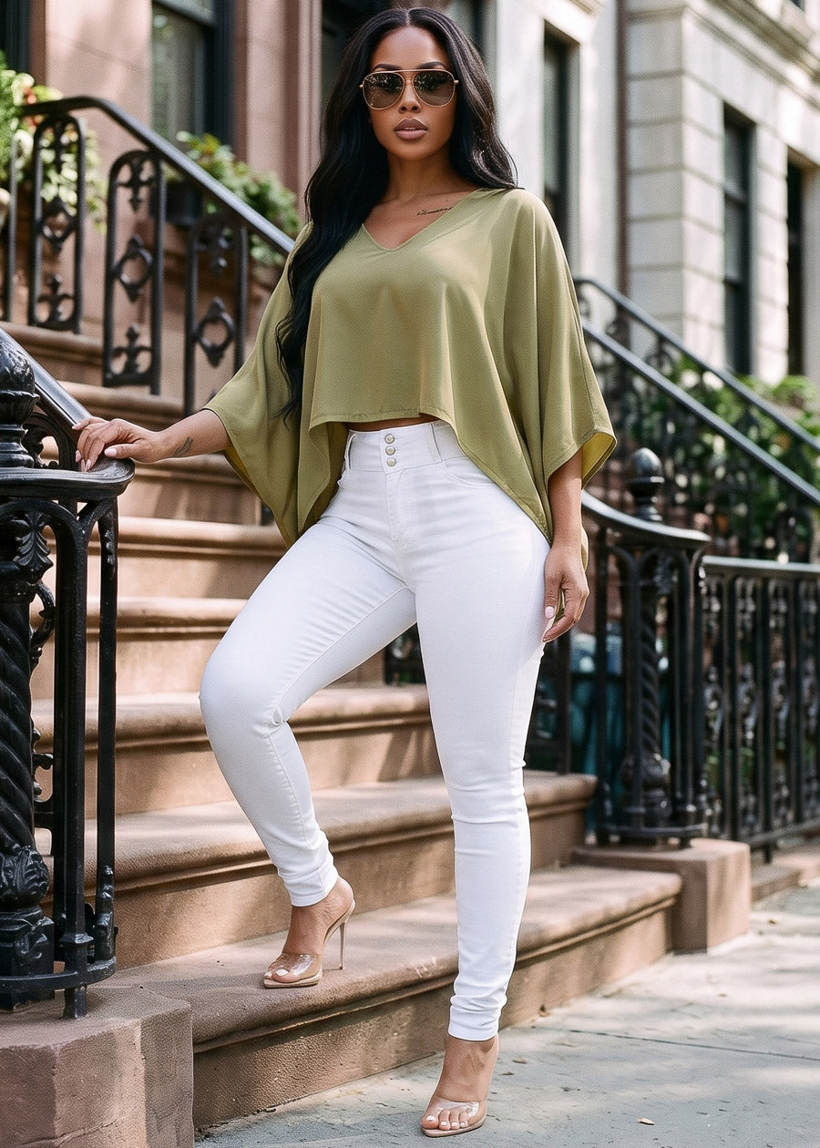 Vneck Poncho-Style Stretch Blouse Olive