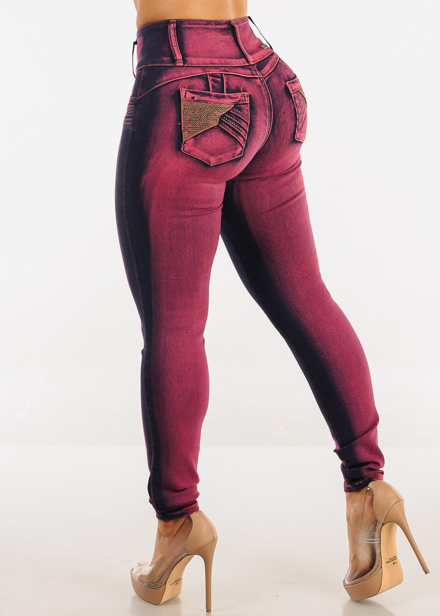 MX JEANS Butt Lift Mid Rise Red Acid Wash Skinny Jeans