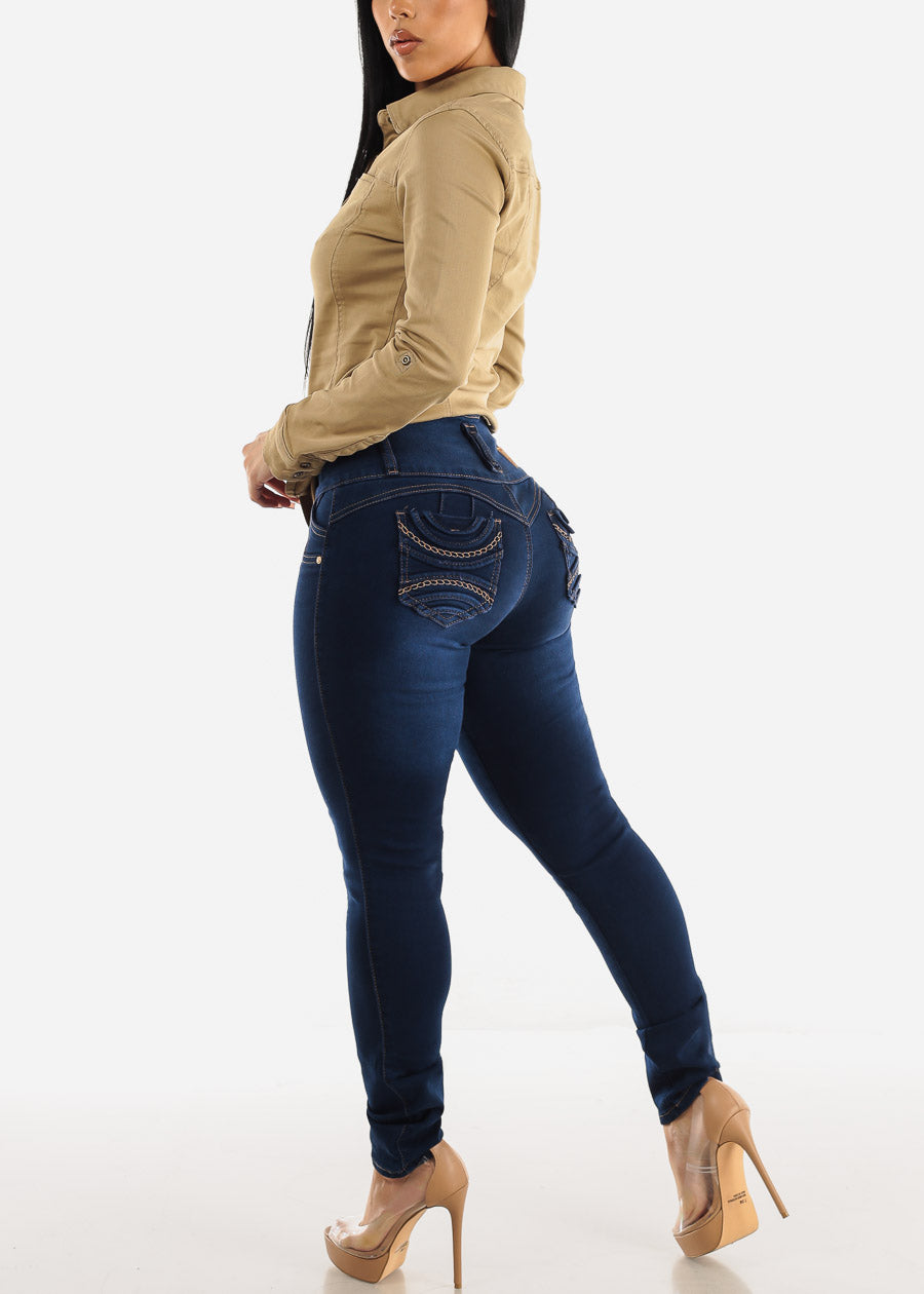 Butt Lifting Mid Rise Blue Skinny Jeans - Tush Push Med Wash Denim Jeans –  Moda Xpress