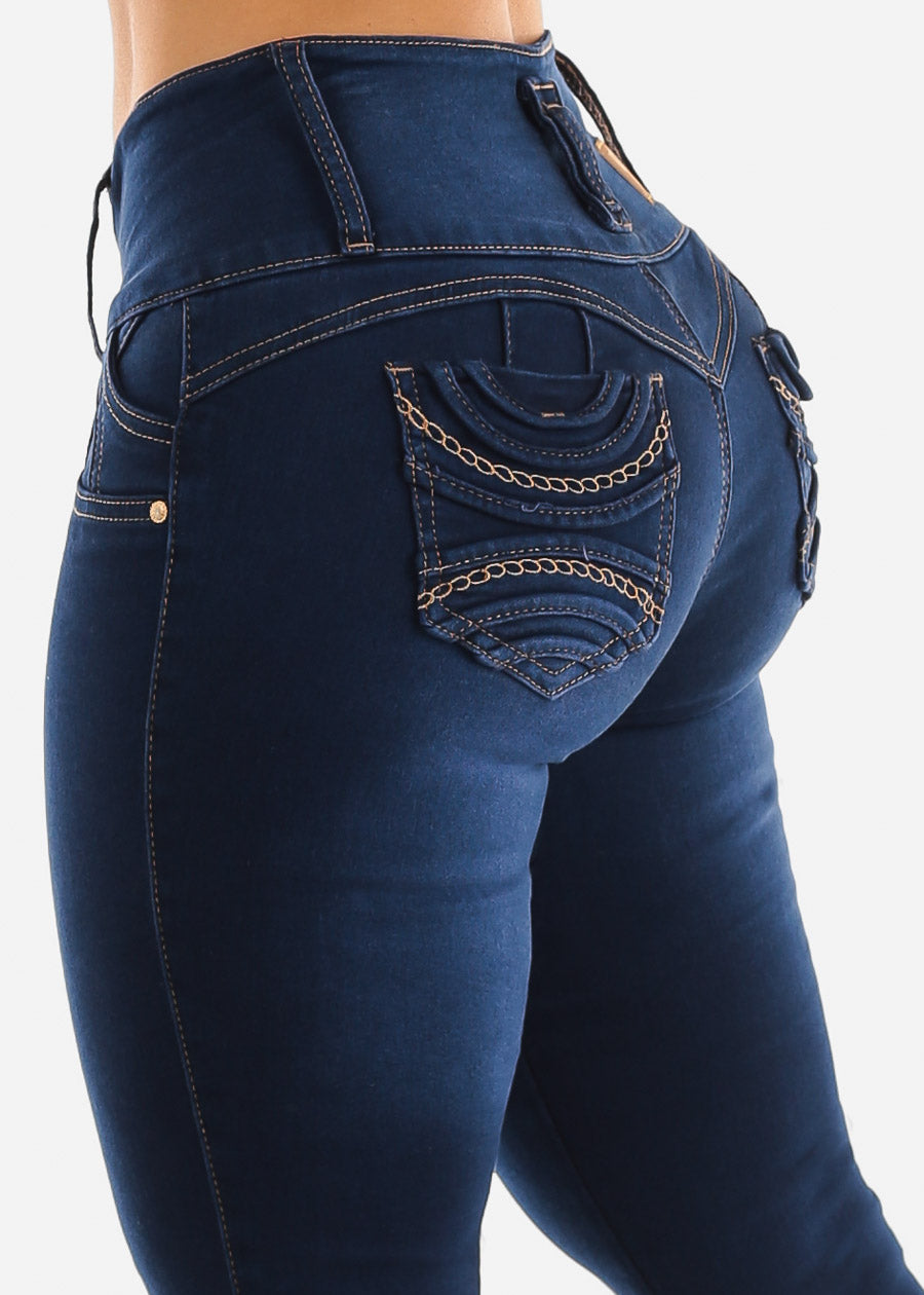 Women's Butt Lifting Dark Wash Skinny Jeans - Colombian Style