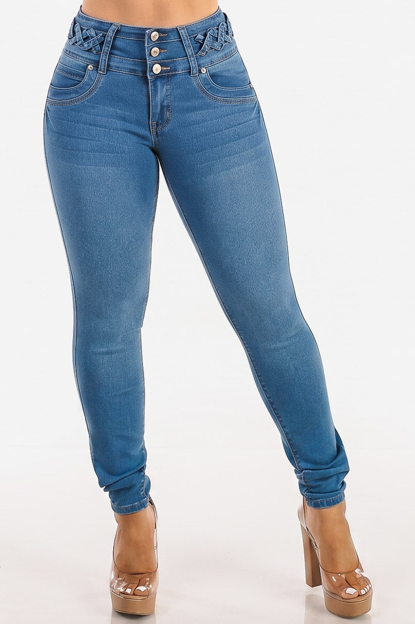 MX JEANS Butt Lift High Waist Light Skinny Jeans w Lace Up Design