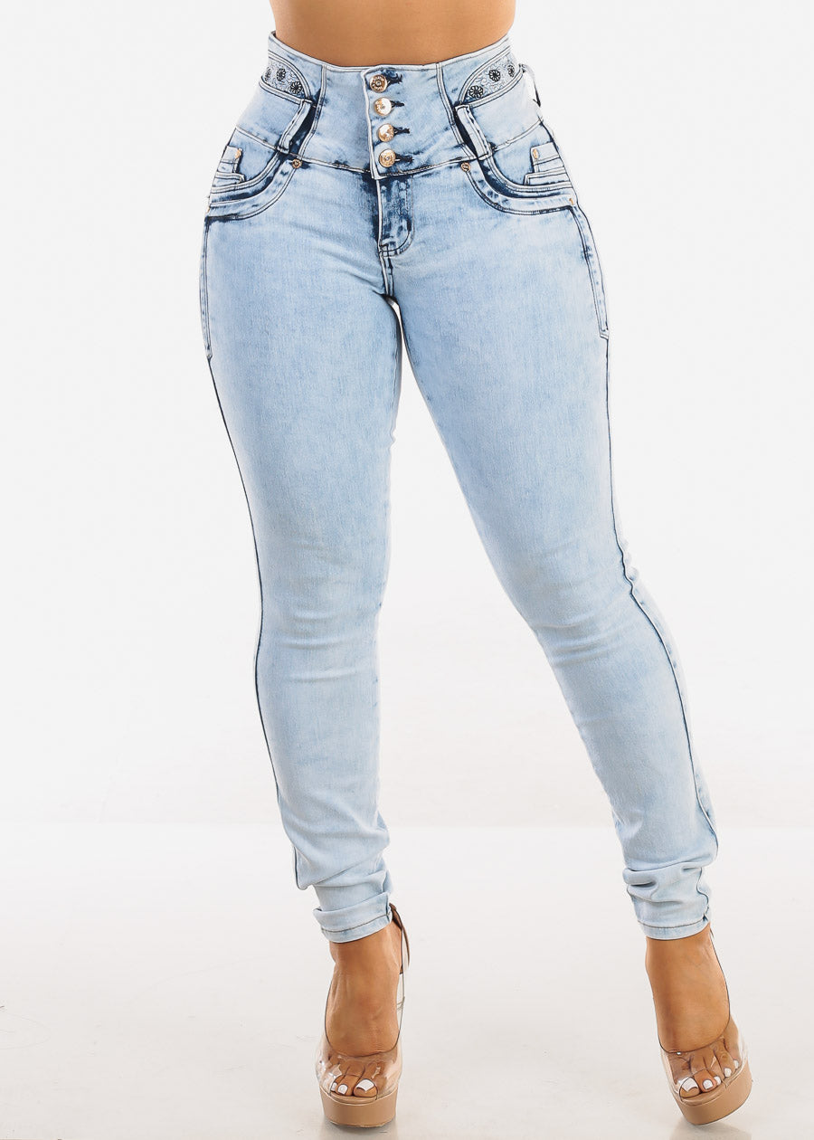 MX JEANS Embroidered Back Butt Lifting Skinny Jeans Acid Wash