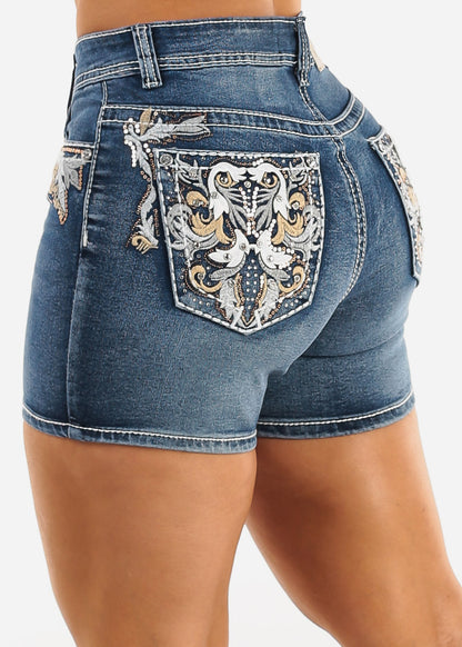 Embroidered High Waist Stretch Denim Shorts Dark Stone Wash