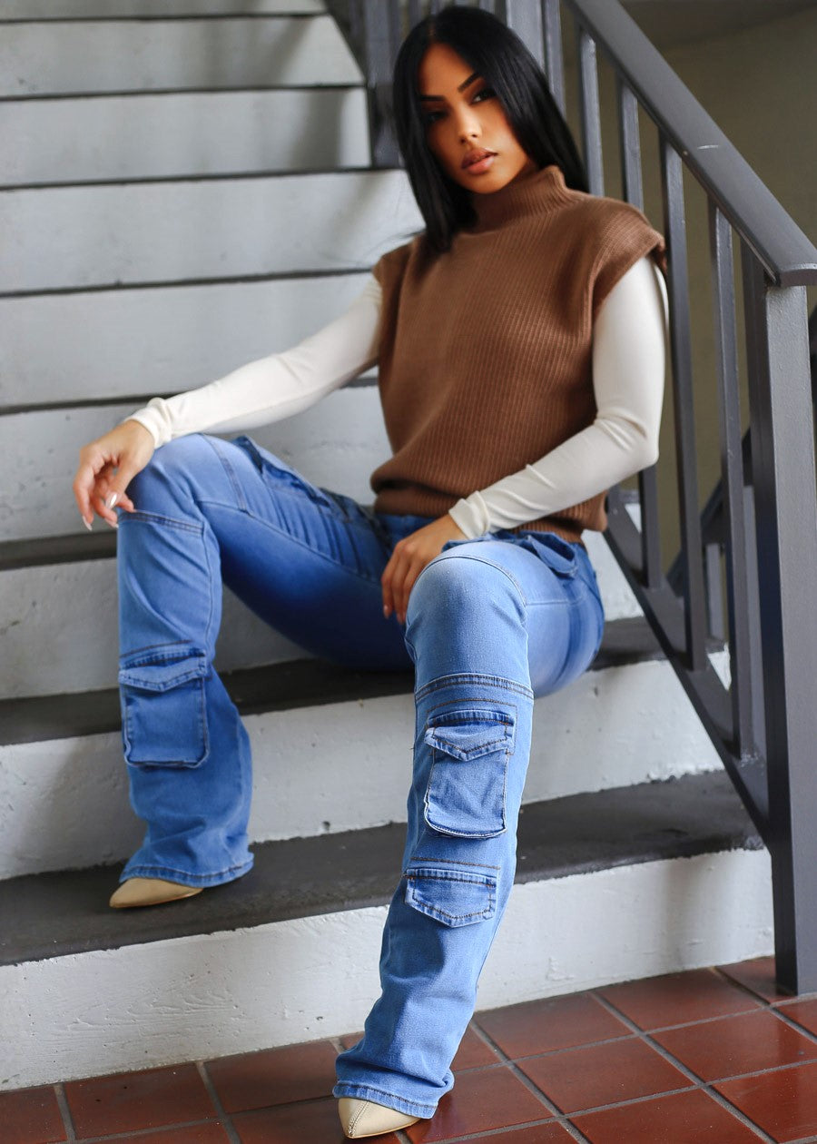 Stretchy Super High Waist Stacked Leg Cargo Jeans Med Blue