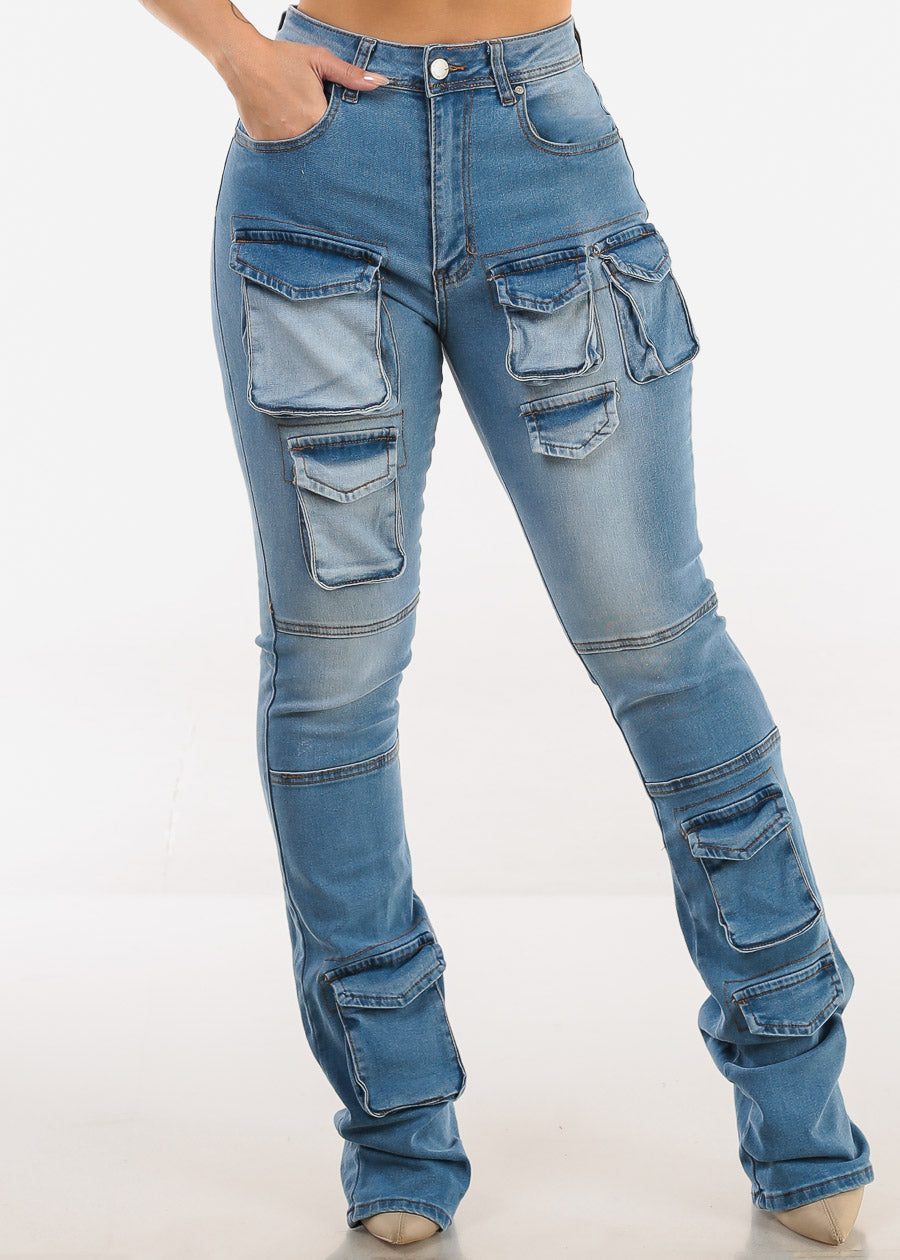 Stretchy Super High Waist Stacked Leg Cargo Jeans Med Blue