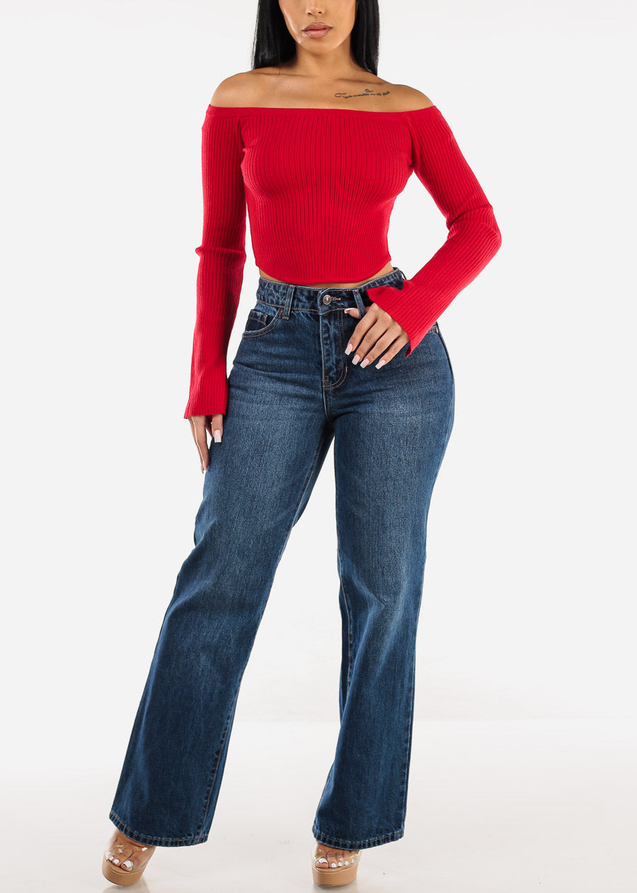 High Waist Med Blue Straight Wide Leg Cotton Jeans