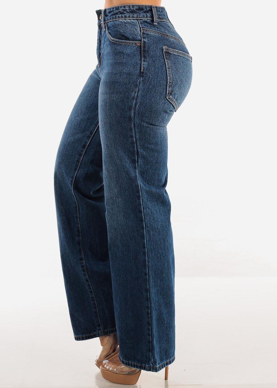 High Waist Med Blue Straight Wide Leg Cotton Jeans