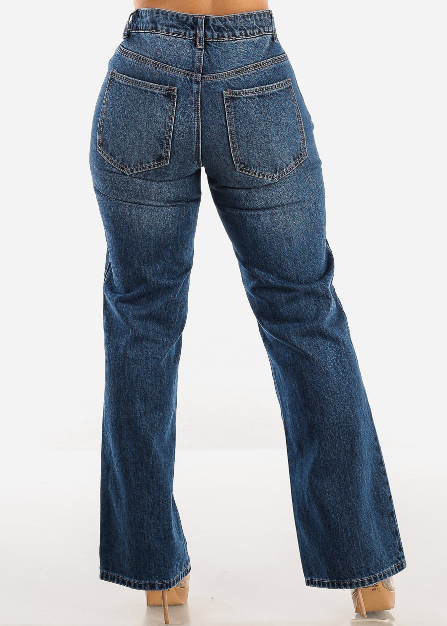 High Waist Med Blue Straight Wide Leg Cotton Jeans