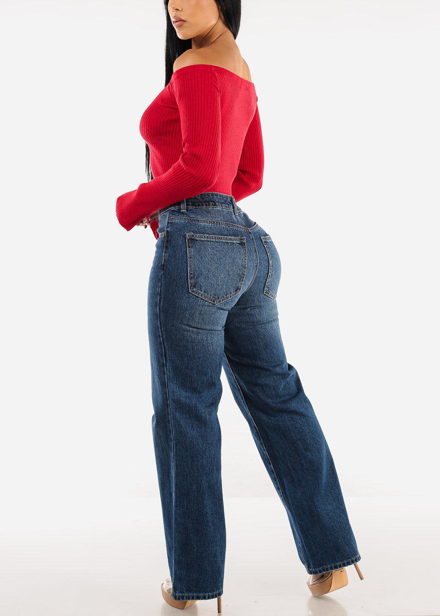 High Waist Med Blue Straight Wide Leg Cotton Jeans