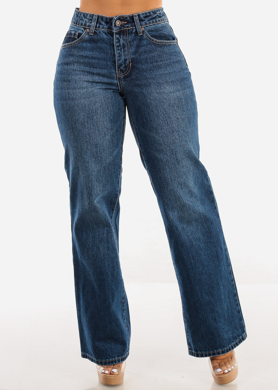 High Waist Med Blue Straight Wide Leg Cotton Jeans