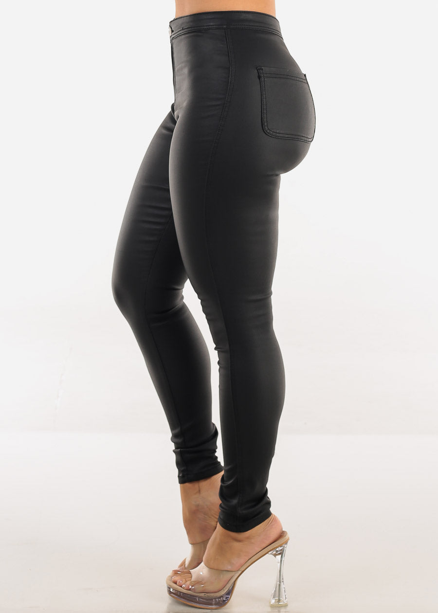 Stretchy High Waisted Black Coated Skinny Pants