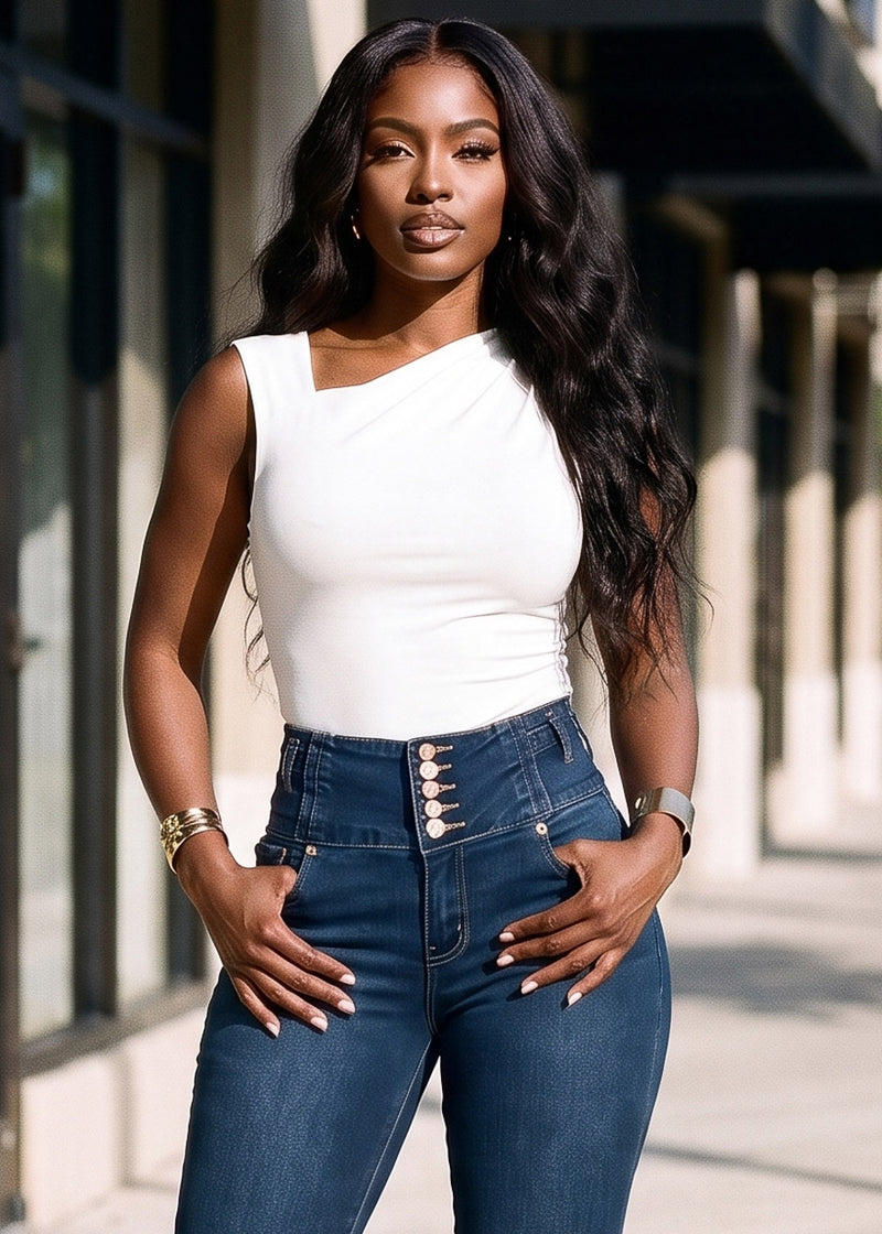 Stretchy Asymmetrical Neckline Ruched Blouse Off White